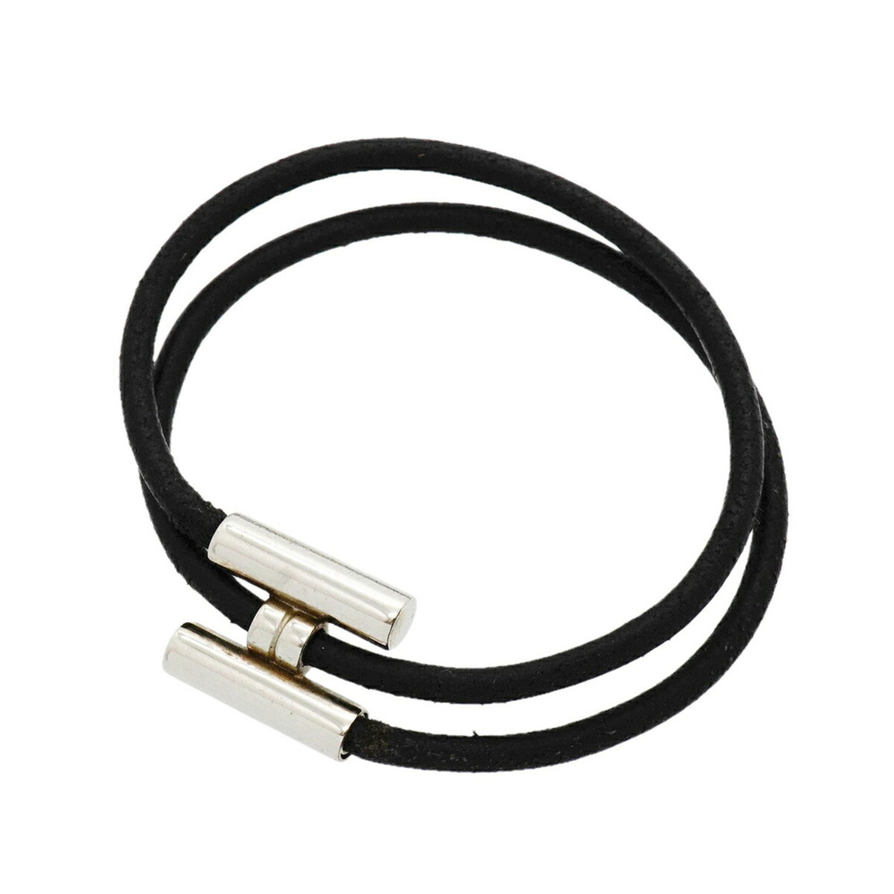 HERMES Silver Leather Charm Bracelet